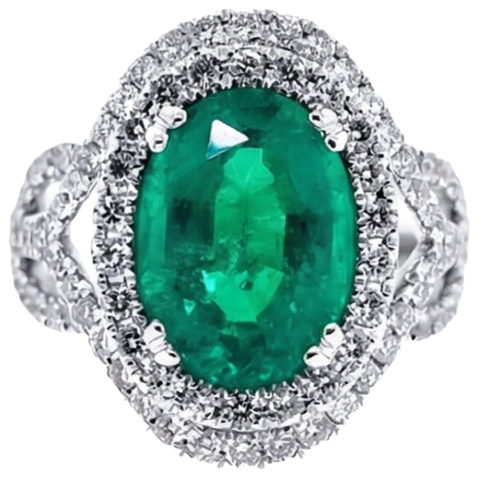 11.25 Carats Oval Cut Green Emerald & Natural Earth Mined Diamond 14K White Gold Anniversary Ring