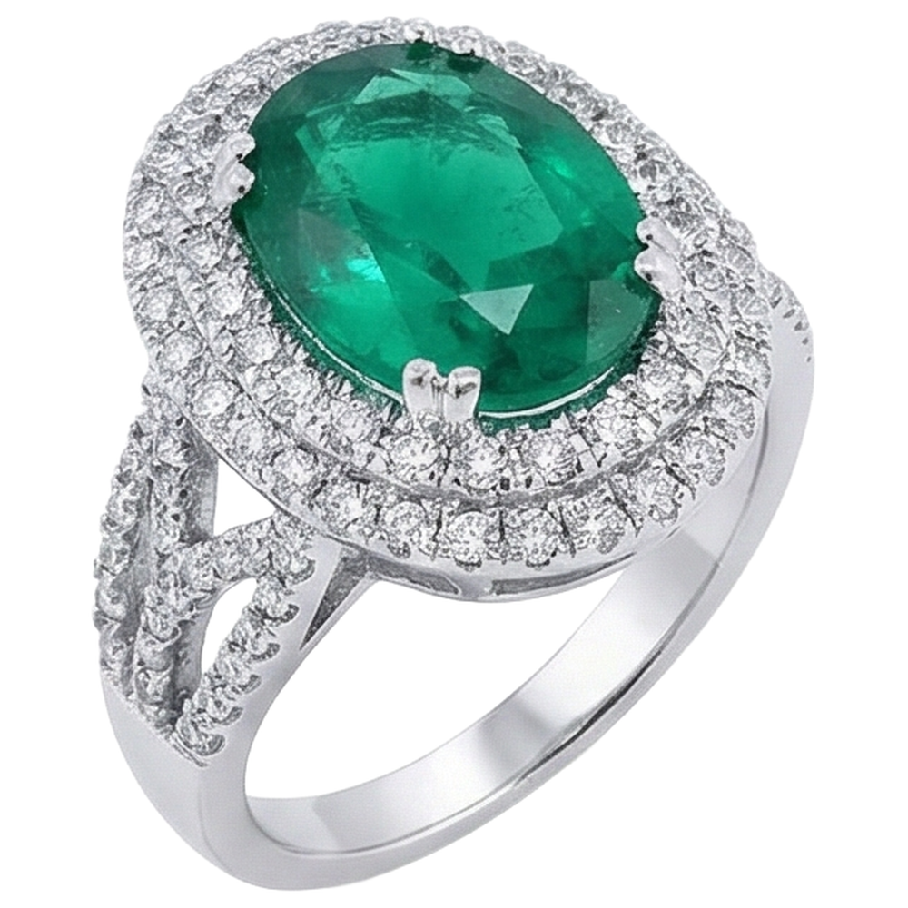 11.25 Carats Oval Cut Green Emerald & Natural Earth Mined Diamond 14K White Gold Anniversary Ring