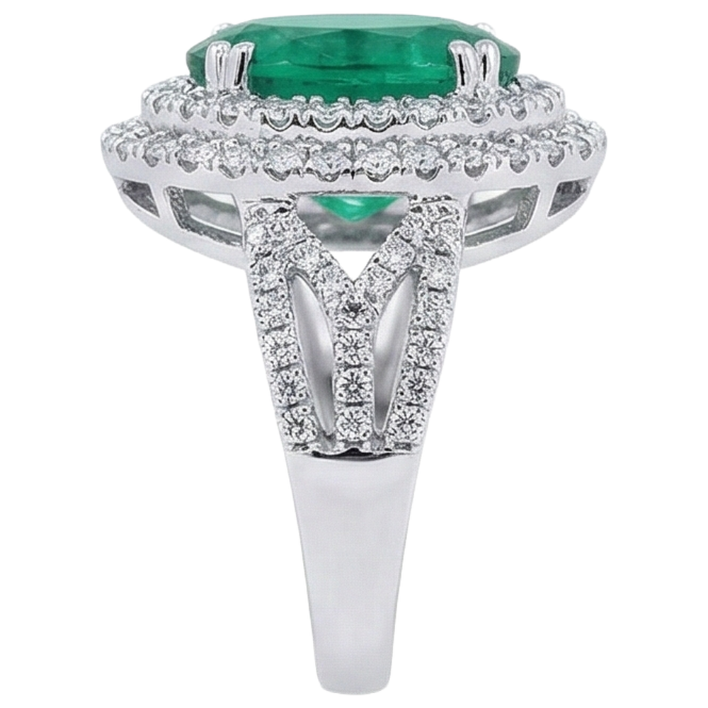 11.25 Carats Oval Cut Green Emerald & Natural Earth Mined Diamond 14K White Gold Anniversary Ring