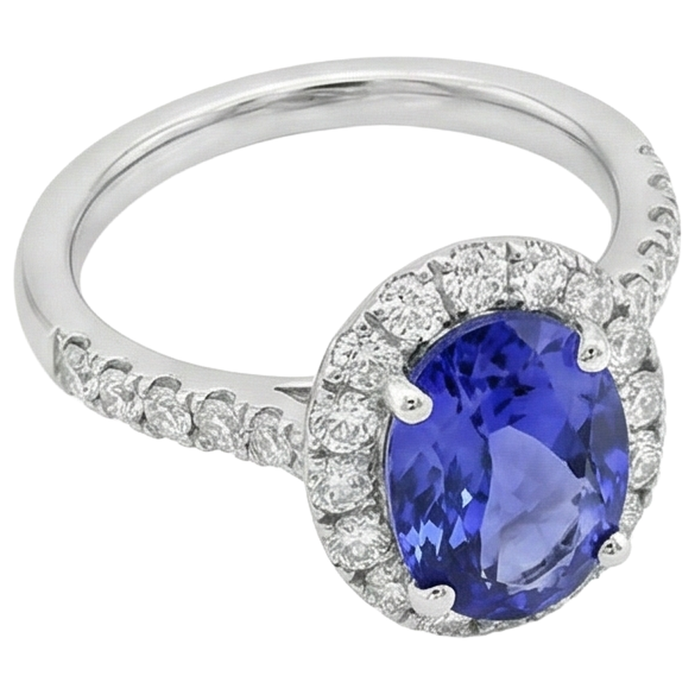 11.25 Carats Oval Tanzanite With Round Natural Earth Mined Diamonds Ring 14K White Gold