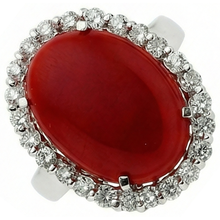 11.25 Ct Prong Set Red Coral With Natural Earth Mined Diamonds Ring 14K White Gold