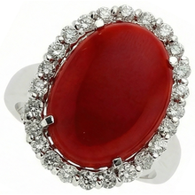 11.25 Ct Prong Set Red Coral With Natural Earth Mined Diamonds Ring 14K White Gold