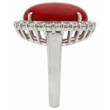 11.25 Ct Prong Set Red Coral With Natural Earth Mined Diamonds Ring 14K White Gold