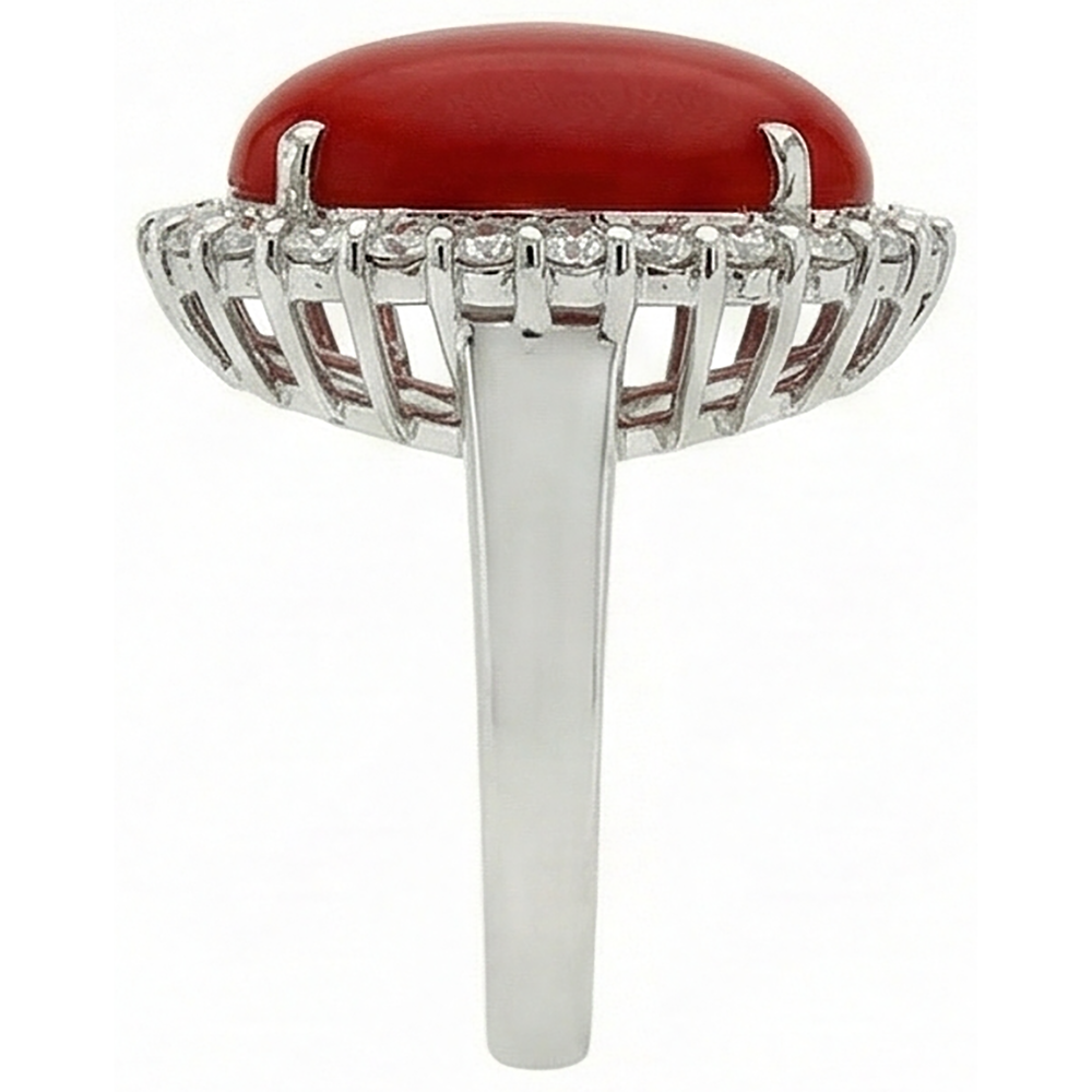 11.25 Ct Prong Set Red Coral With Natural Earth Mined Diamonds Ring 14K White Gold