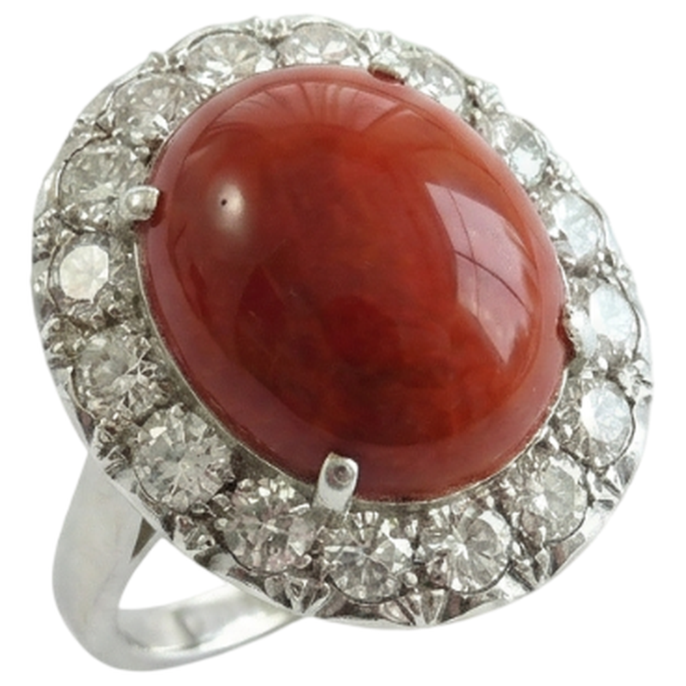 11.25 Ct Round Cut Red Coral And Natural Earth Mined Diamonds Wedding Ring 14K Gold