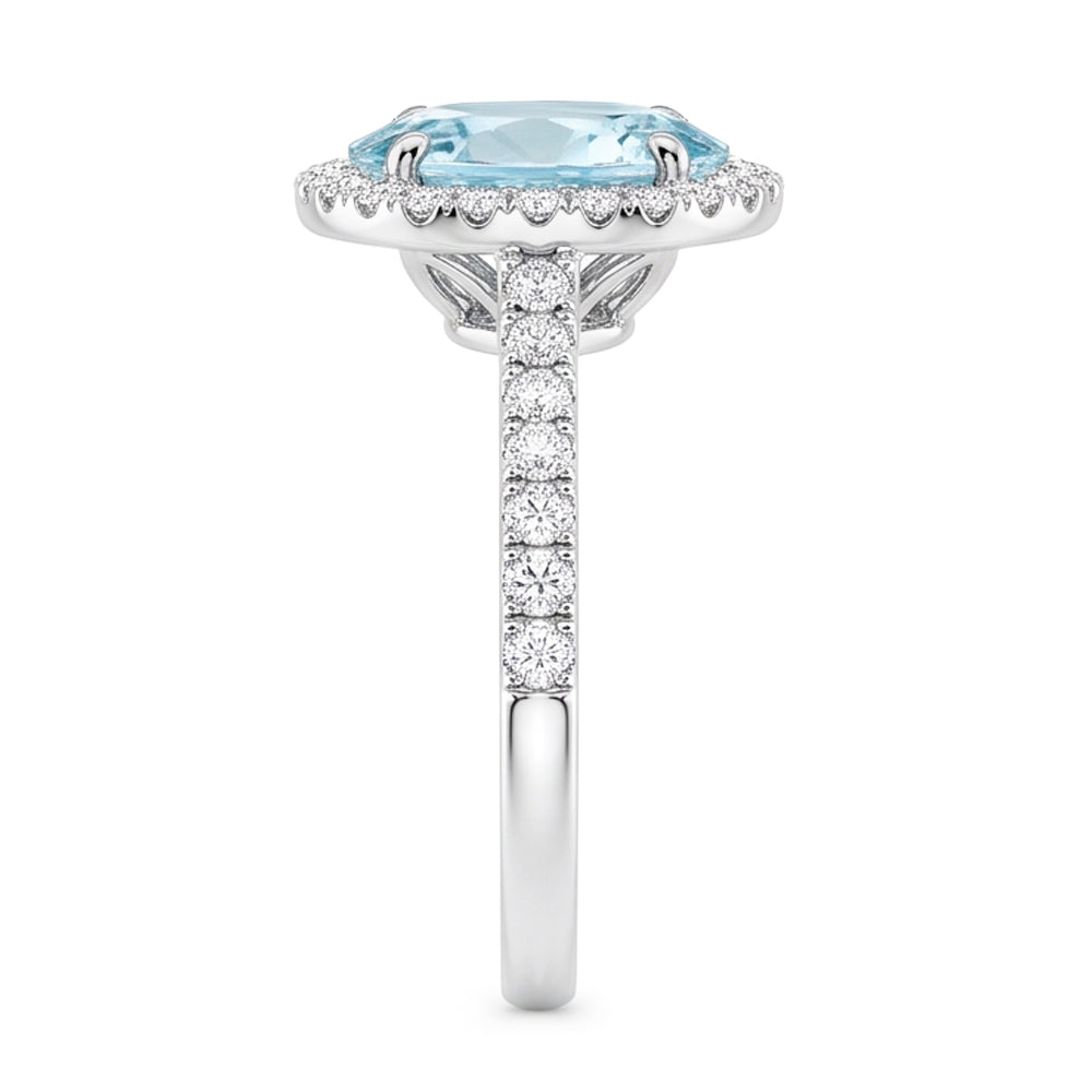 11.70 Ct Oval Aquamarine And Round Natural Earth Mined Diamonds Ring 14K White Gold