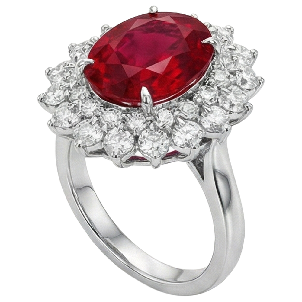 11.75 Carats Red Ruby With Natural Earth Mined Diamonds Ring 14K White Gold