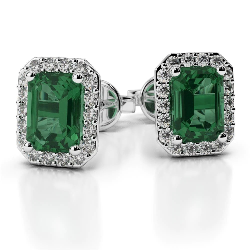 11.50 Carats Halo Green Emerald And Diamond Stud Earrings White Gold 14K