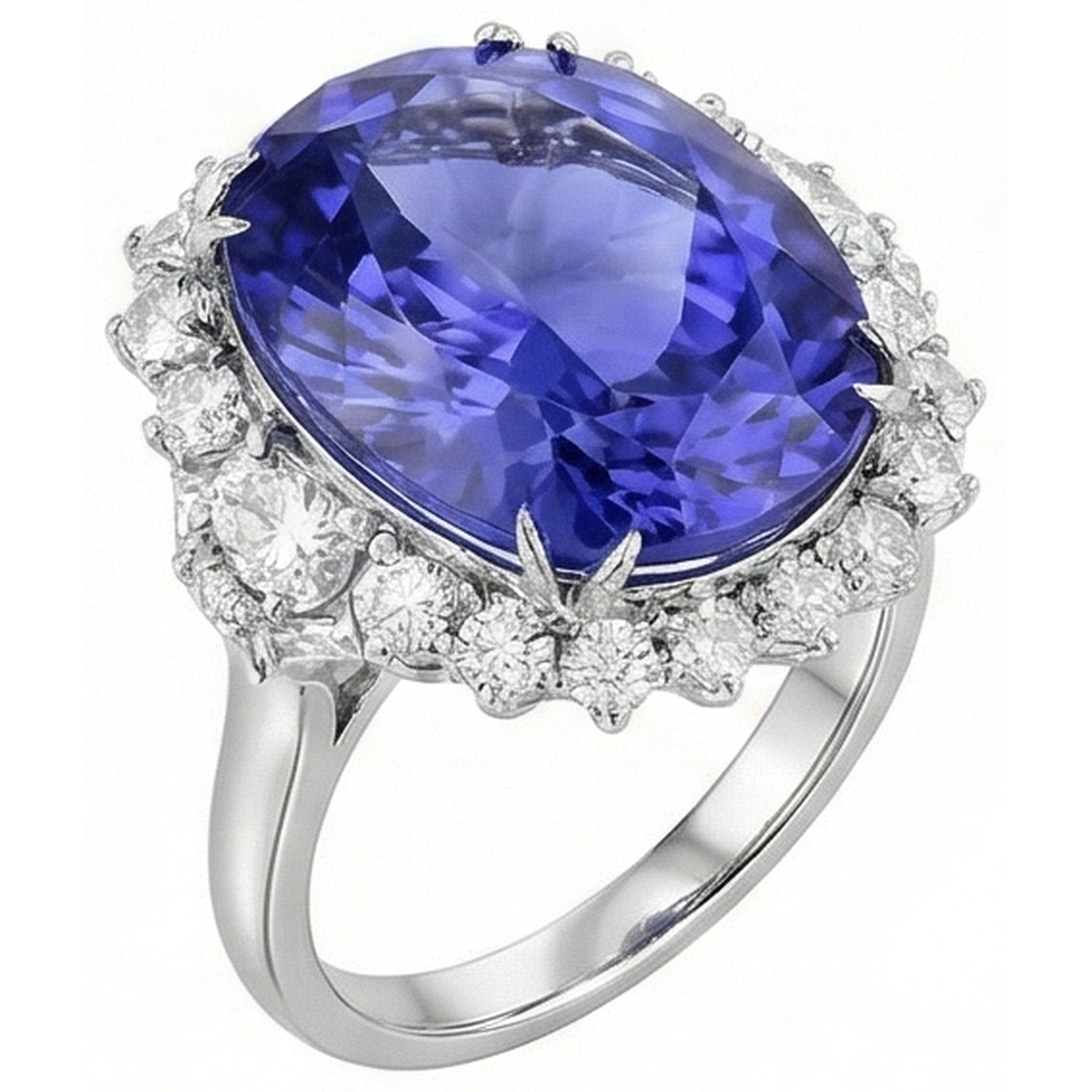 12.25 Ct Big Oval Tanzanite With Natural Earth Mined Diamonds Wedding Ring White Gold