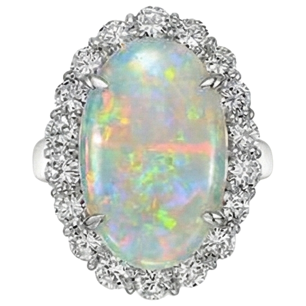 12.50 Carats Opal And Natural Earth Mined Diamonds Wedding Ring New White Gold 14K