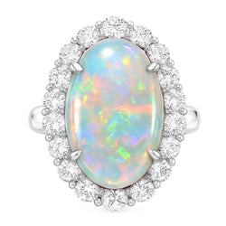 12.50 Carats Opal And Natural Earth Mined Diamonds Wedding Ring New White Gold 14K
