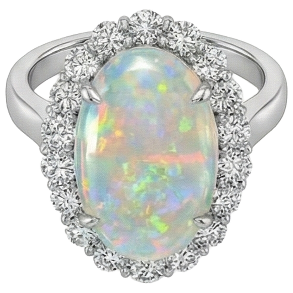 12.50 Carats Opal And Natural Earth Mined Diamonds Wedding Ring New White Gold 14K
