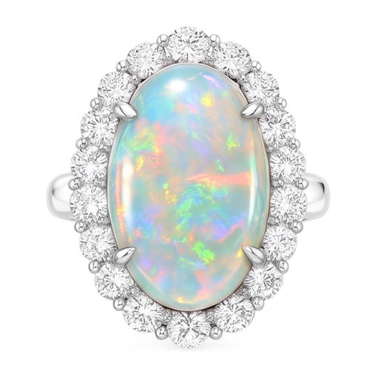12.50 Carats Opal And Natural Earth Mined Diamonds Wedding Ring New White Gold 14K