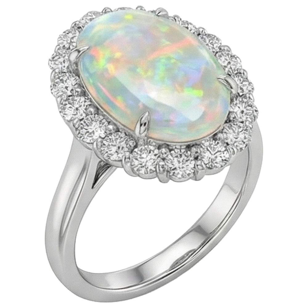 12.50 Carats Opal And Natural Earth Mined Diamonds Wedding Ring New White Gold 14K