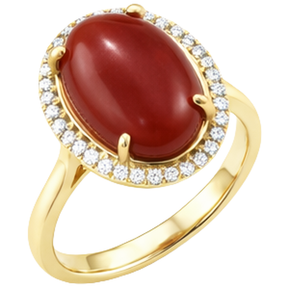 12.50 Carats Red Coral With Natural Earth Mined Diamonds Wedding Ring Gold Yellow 14K