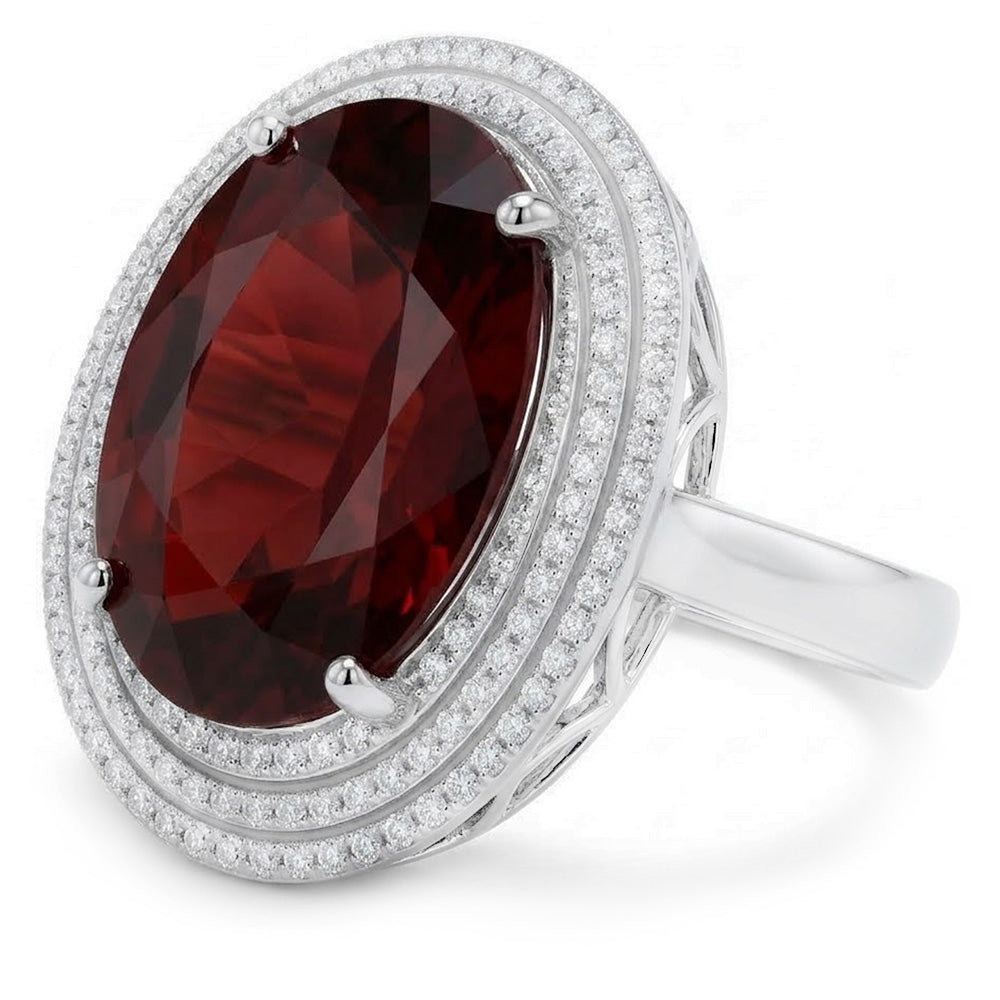 12.50 Ct Oval Mandarin Garnet With Natural Earth Mined Diamonds Ring 14K White Gold