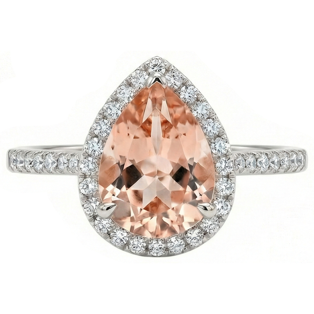 12.50 Ct Pear Morganite With Natural Earth Mined Diamonds Wedding Ring 14K White Gold