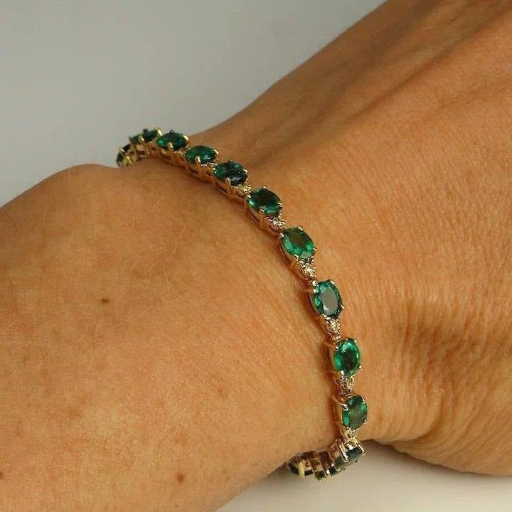 12 Carats Green Emerald Gemstone Diamond Tennis Bracelet Yellow Gold 14K