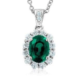 12 Carats Prong Green Emerald & Diamonds Gemstone Pendant 14K White Gold