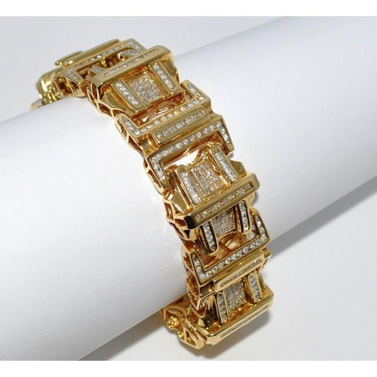 12 Carats Small Sparkling Real Diamonds Men's Bracelet 14K Gold Yellow