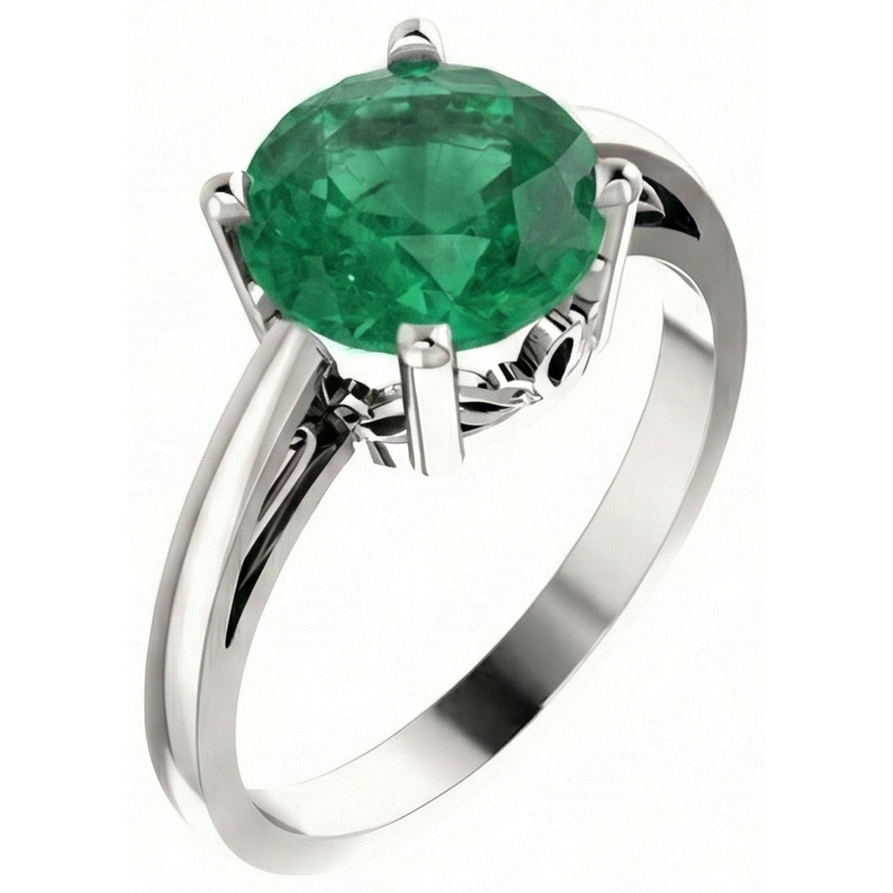 12 Ct Round Cut Green Emerald Ring 14K White Gold