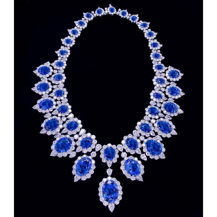 White Gold 291.17 Ct. Blue Sapphire & White IGI CERTIFIED Diamond Necklace Jewelry