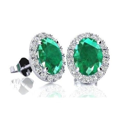 12.30 Ct Oval Cut Green Emerald With Halo Diamond Stud Earring Gold