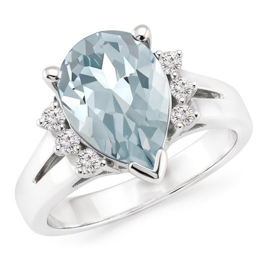 13.25 Carats Prong Set Aquamarine And Natural Earth Mined Diamonds Ring 14K White Gold