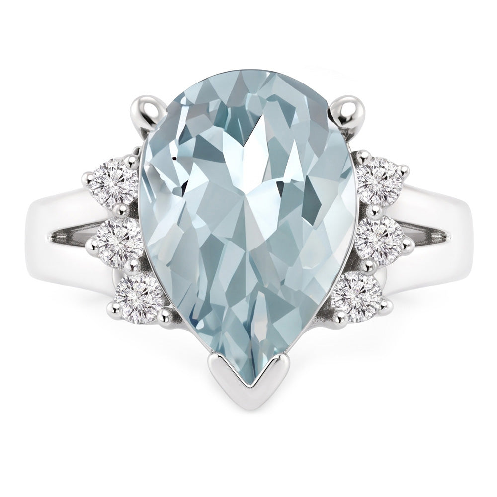 13.25 Carats Prong Set Aquamarine And Natural Earth Mined Diamonds Ring 14K White Gold