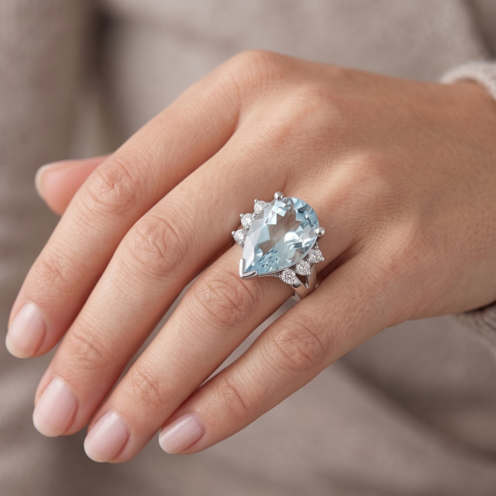 13.25 Carats Prong Set Aquamarine And Natural Earth Mined Diamonds Ring 14K White Gold