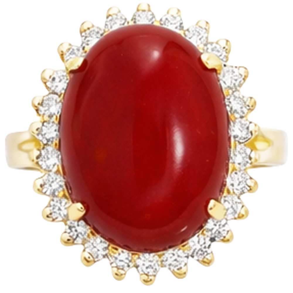 13.25 Ct Solitaire With Accent Red Coral With Natural Earth Mined Diamonds Yellow Gold