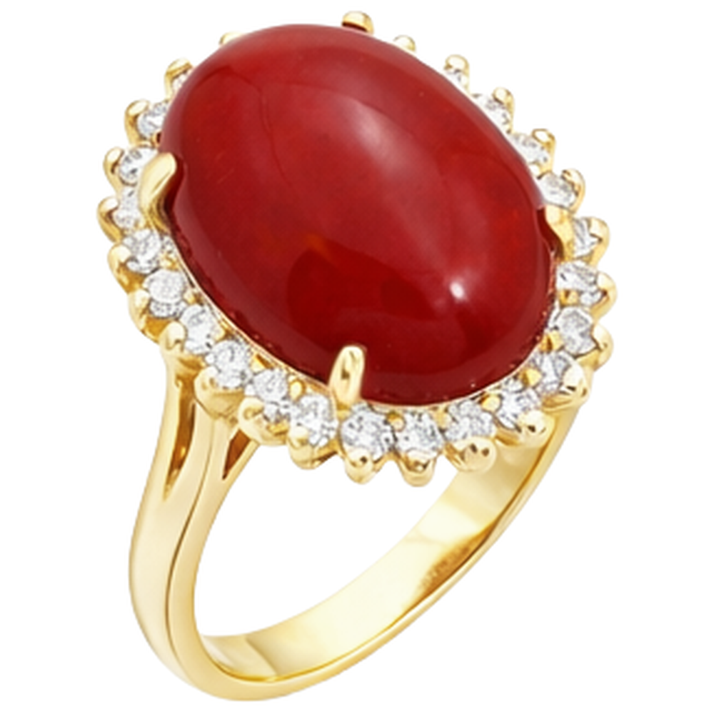 13.25 Ct Solitaire With Accent Red Coral With Natural Earth Mined Diamonds Yellow Gold