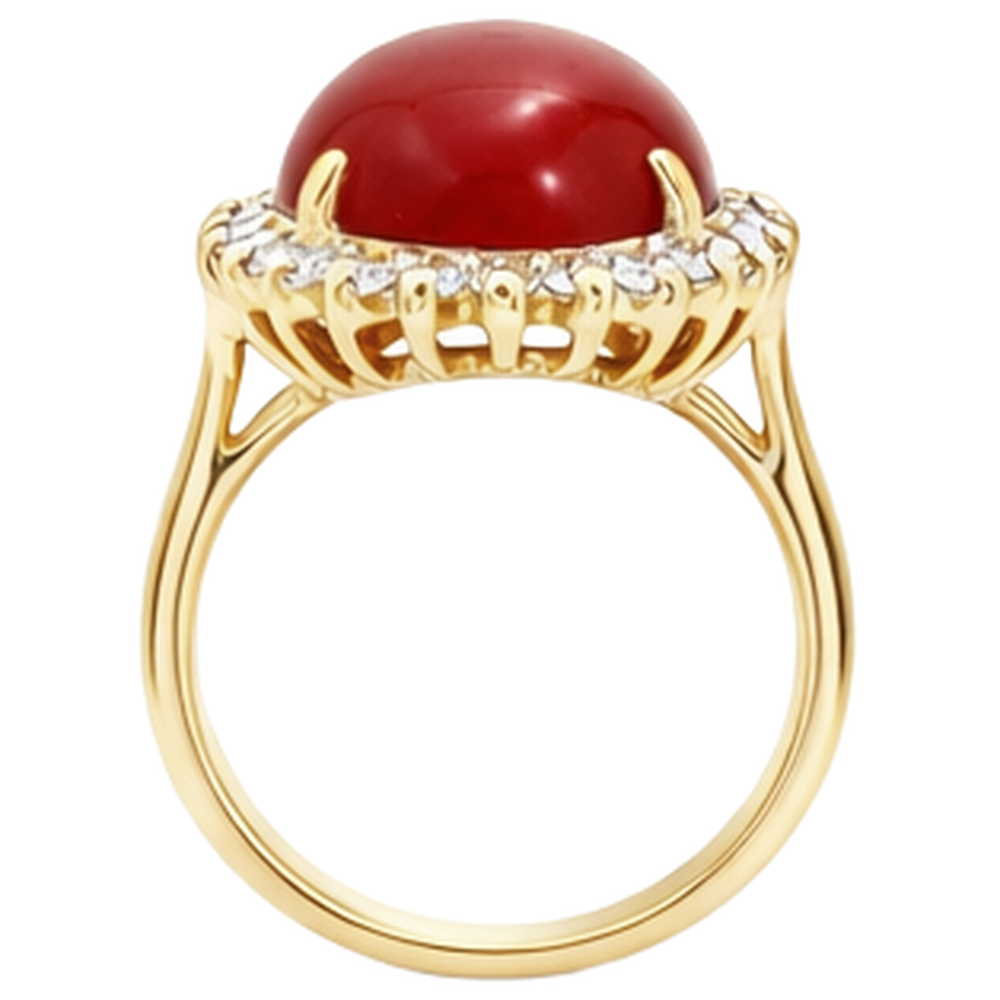 13.25 Ct Solitaire With Accent Red Coral With Natural Earth Mined Diamonds Yellow Gold