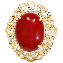 13.50 Ct Oval Red Coral With Round Natural Earth Mined Diamonds Ring Yellow Gold 14K