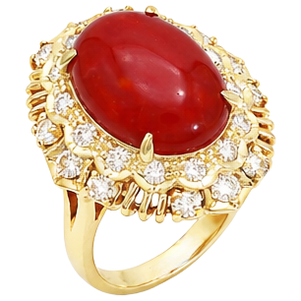 13.50 Ct Oval Red Coral With Round Natural Earth Mined Diamonds Ring Yellow Gold 14K