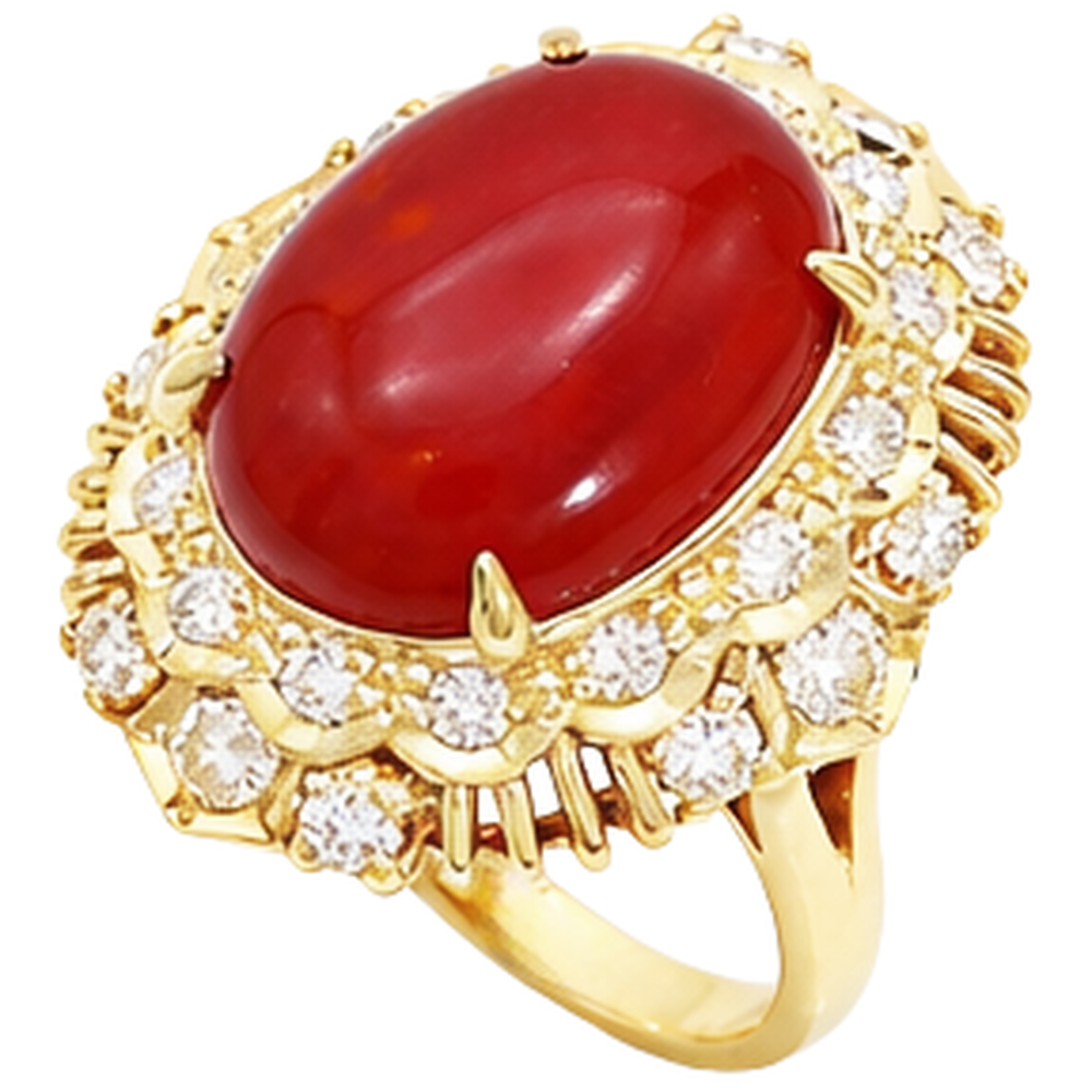 13.50 Ct Oval Red Coral With Round Natural Earth Mined Diamonds Ring Yellow Gold 14K
