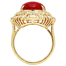 13.50 Ct Oval Red Coral With Round Natural Earth Mined Diamonds Ring Yellow Gold 14K