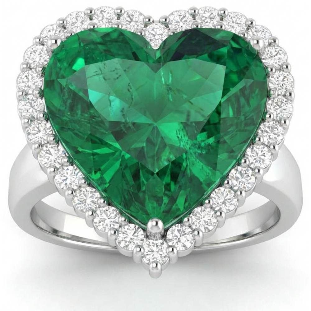 13 Carats Heart Shaped Green Emerald With Natural Earth Mined Diamond Wedding Ring 14K