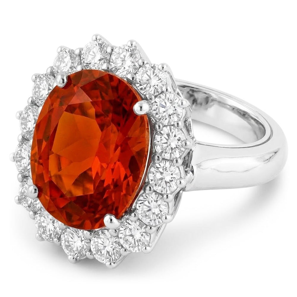 13 Ct Oval Mandarin Garnet With Round Natural Earth Mined Diamonds Ring White Gold