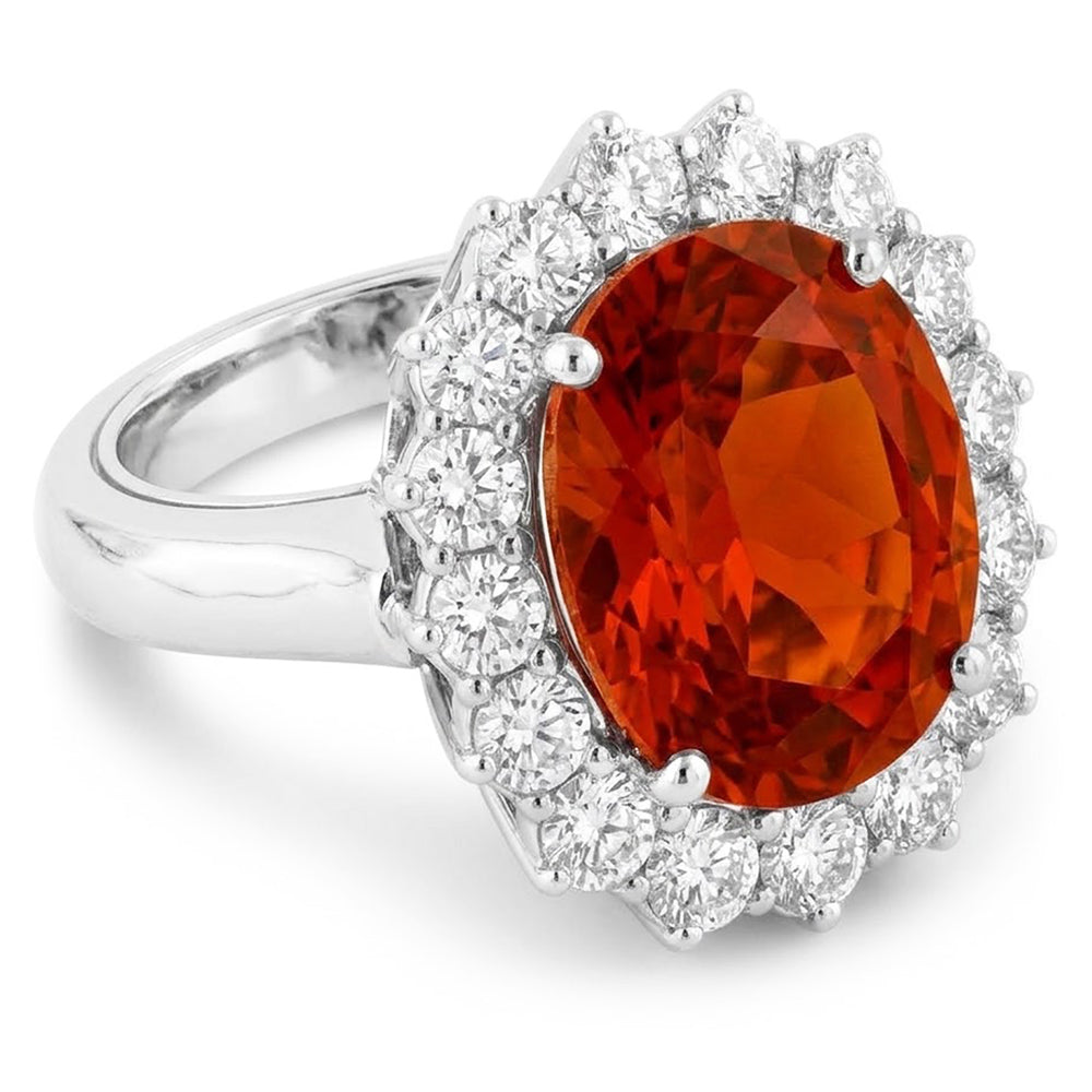 13 Ct Oval Mandarin Garnet With Round Natural Earth Mined Diamonds Ring White Gold