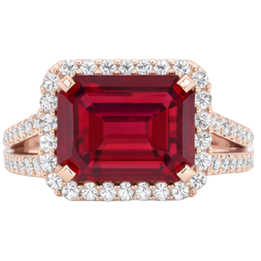 13 Ct Red Ruby Emerald Cut With Natural Earth Mined Diamond Wedding Ring 14K Rose Gold