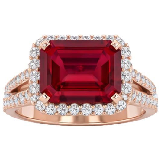 13 Ct Red Ruby Emerald Cut With Natural Earth Mined Diamond Wedding Ring 14K Rose Gold