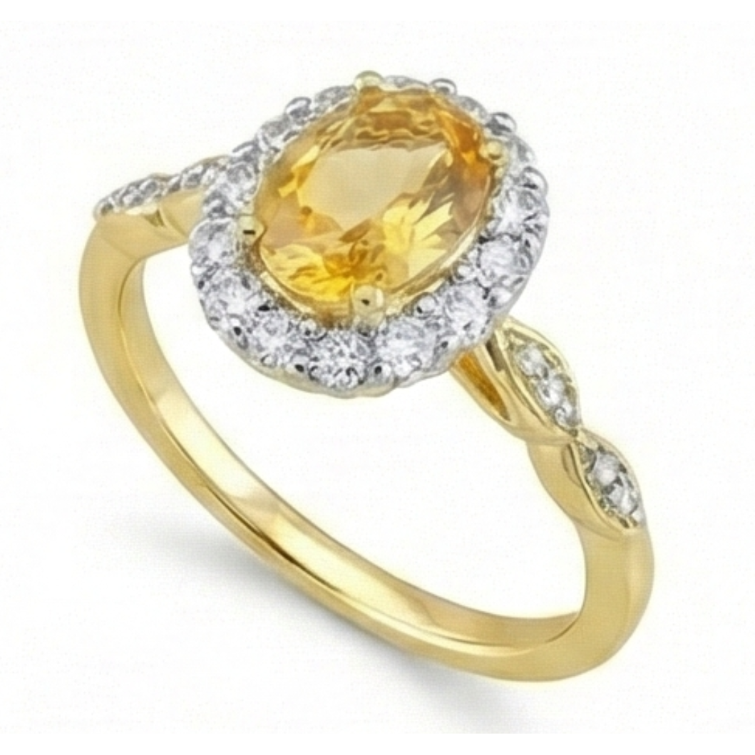 14.75 Carats Oval Cut Citrine And Natural Earth Mined Diamonds Wedding Ring Yellow Gold