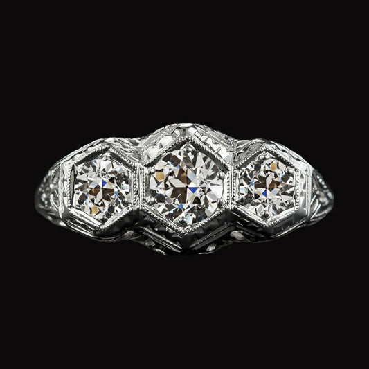 14K Gold 3 Stone Ring Round Old Cut Real Diamond Antique Style 3.50 Carats