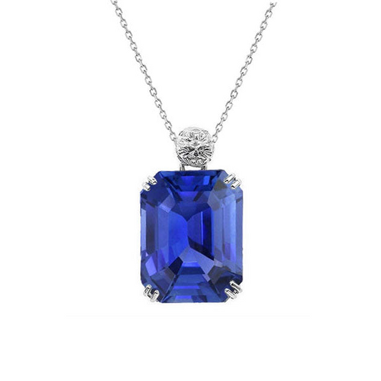 Cornflower Blue Sapphire Step Cut Stone Pendant Necklace in 14K White Gold – main view