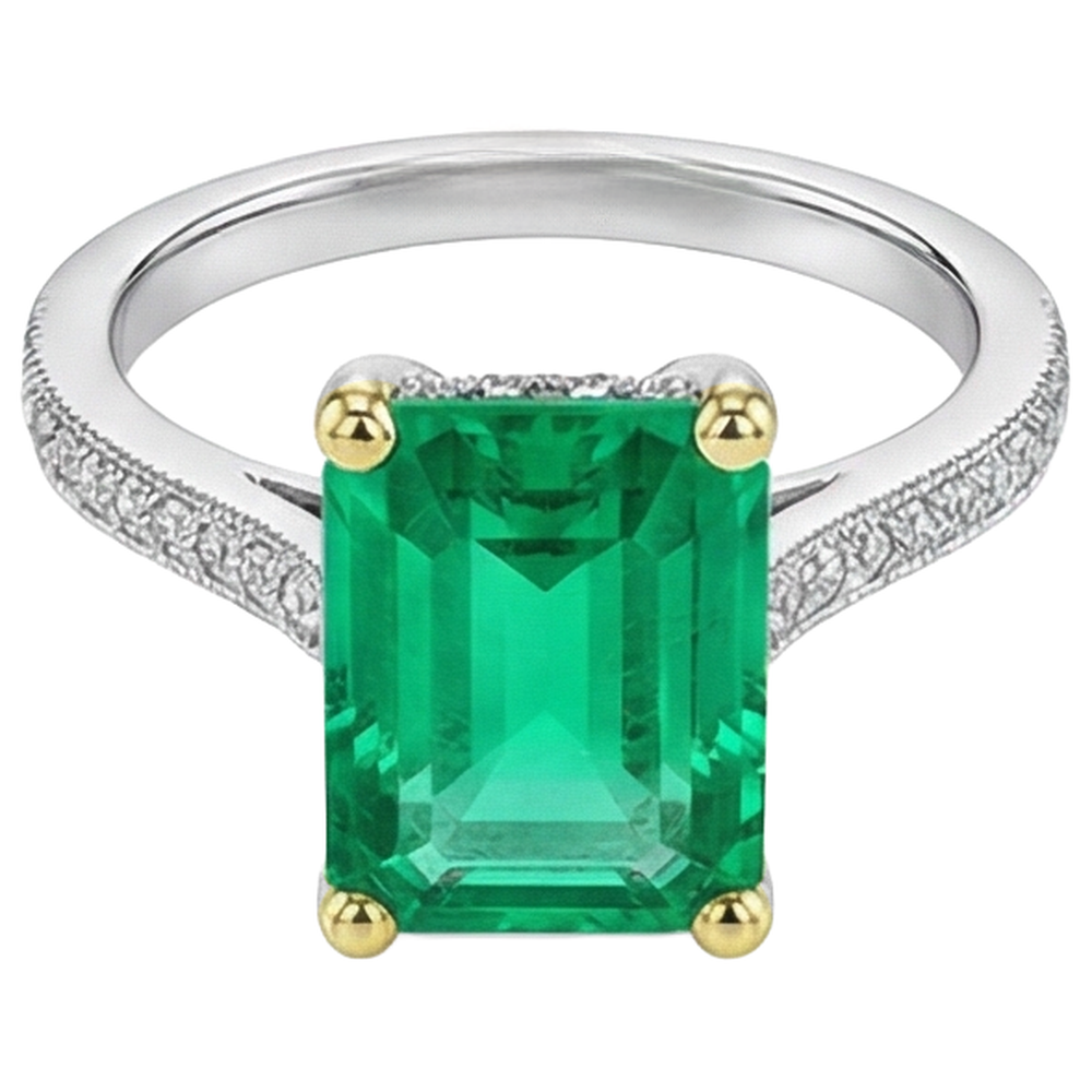 Emerald Cut Colombian Emerald ring in Two-Tone 14K Gold – front view
