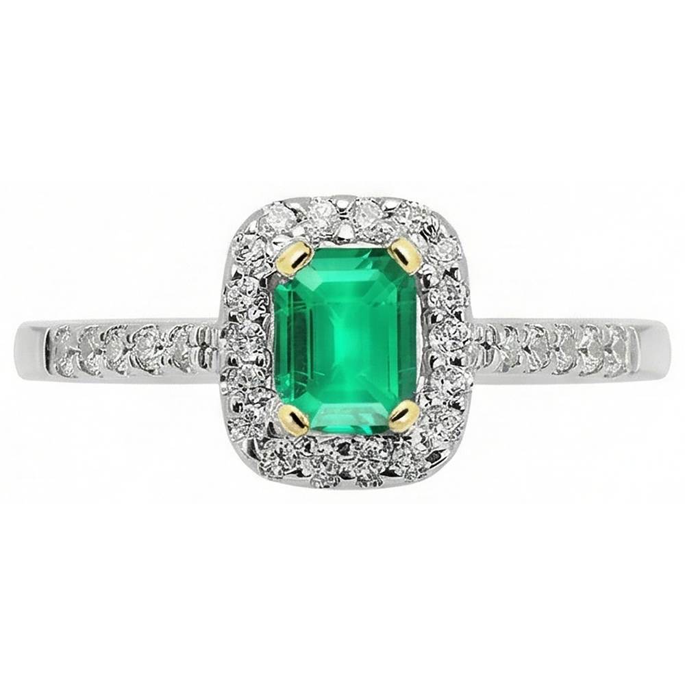 Fine Emerald Step Cut Colored Stone Ring in 14K Two Tone Gold – front view