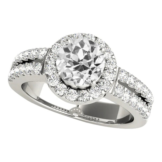14K Gold Halo Ring Old Mine Cut Real Diamonds Split Shank 4.50 Carats