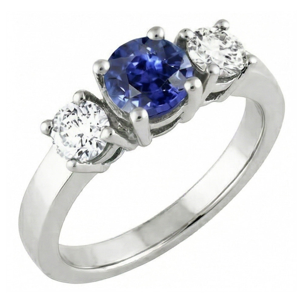 14K Gold Three Stone Engagement Ring Round Ceylon Sapphire 2.50 Carats