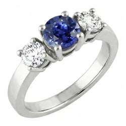 14K Gold Three Stone Engagement Ring Round Ceylon Sapphire 2.50 Carats